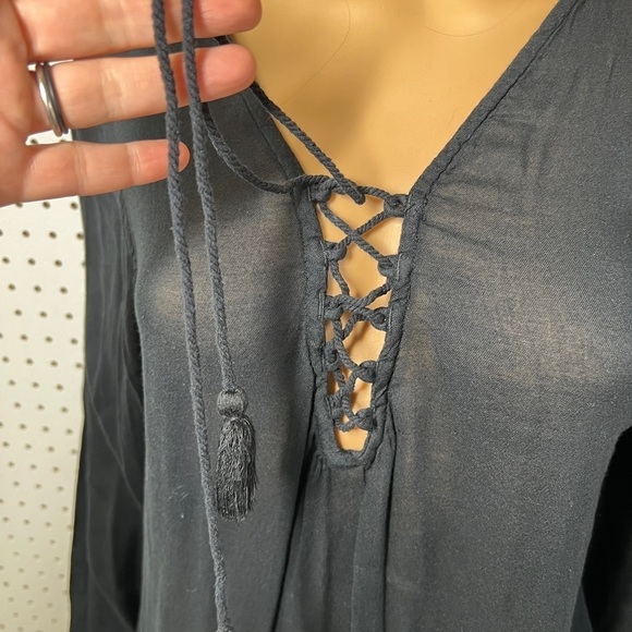 Billabong Women's Boho Black Lace-Up Tassel Front Beach Cover Up Tunic Dress M - Picture 11 of 11